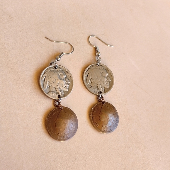 Handmade VINTAGE Domed Indian Penny with Buffalo Nickel Silver Cascade Earrings - Picture 7 of 8